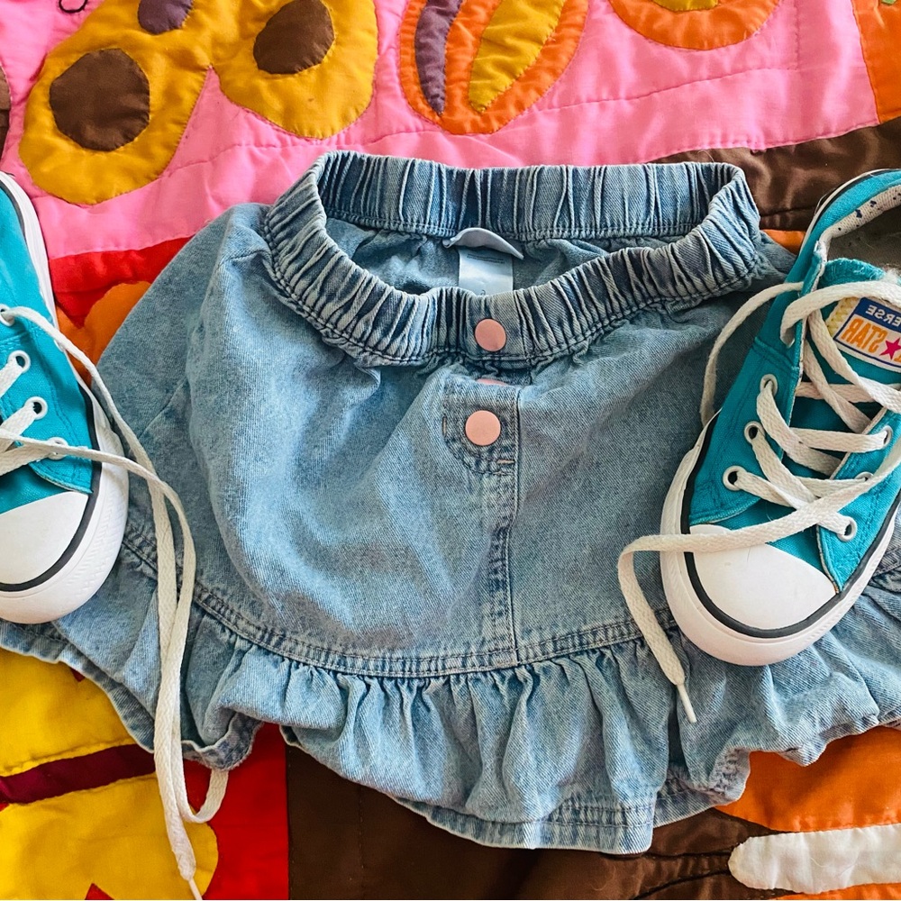 Blue Denim Skirt with Baby Converse Shoes